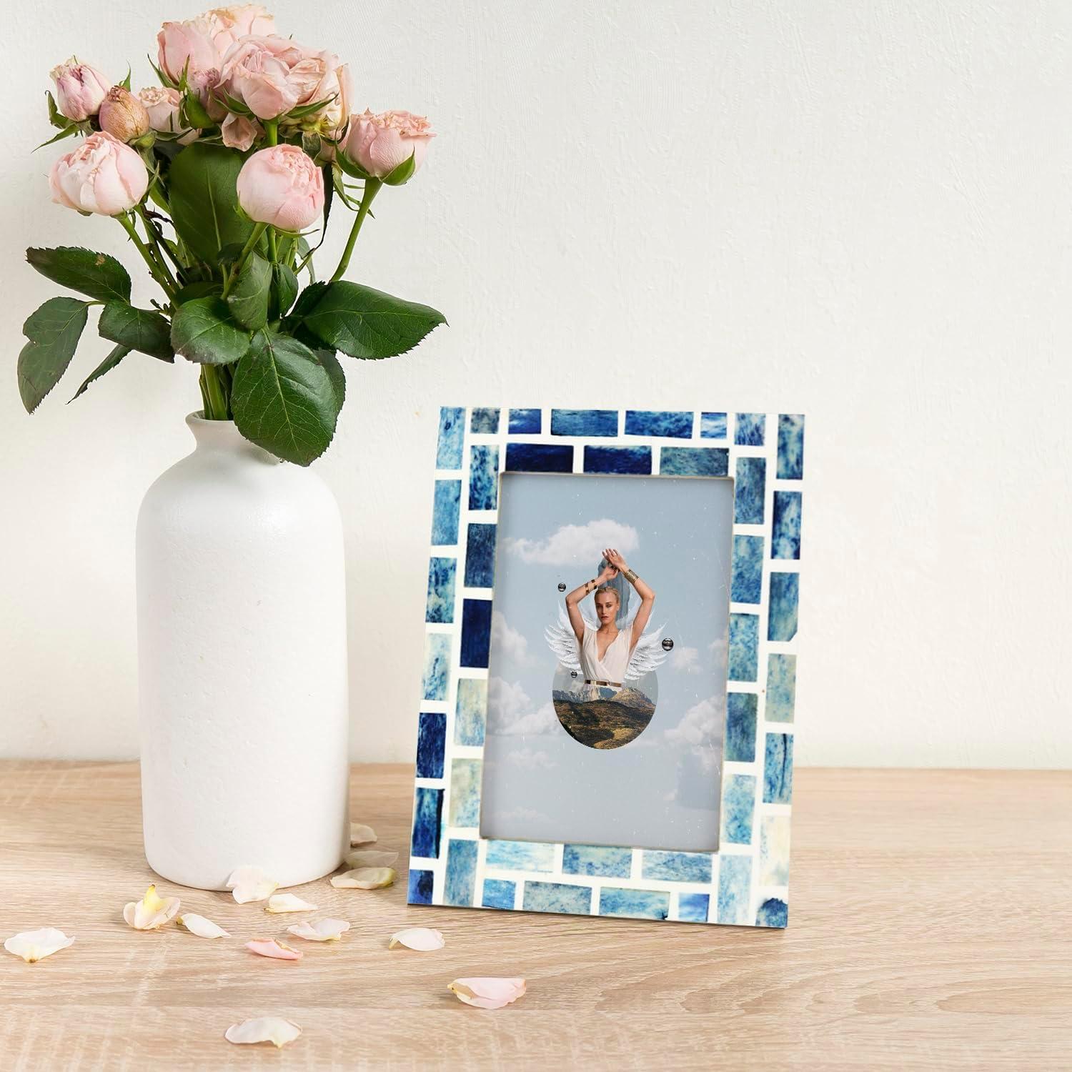 Handicrafts Home Indigo Mosaic Photo Frame Bone Handmade Picture Frames Size 5X7X1