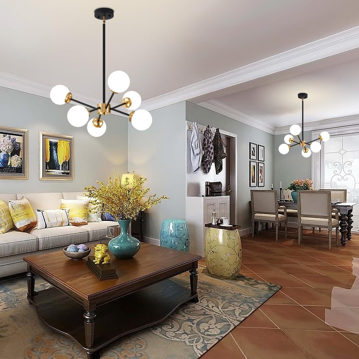 Gold Sputnik Chandelier 4-Light Globe Sputnik Ceiling Light Fixture Mid Century Sputnik Chandeliers with Milk Glass Shade