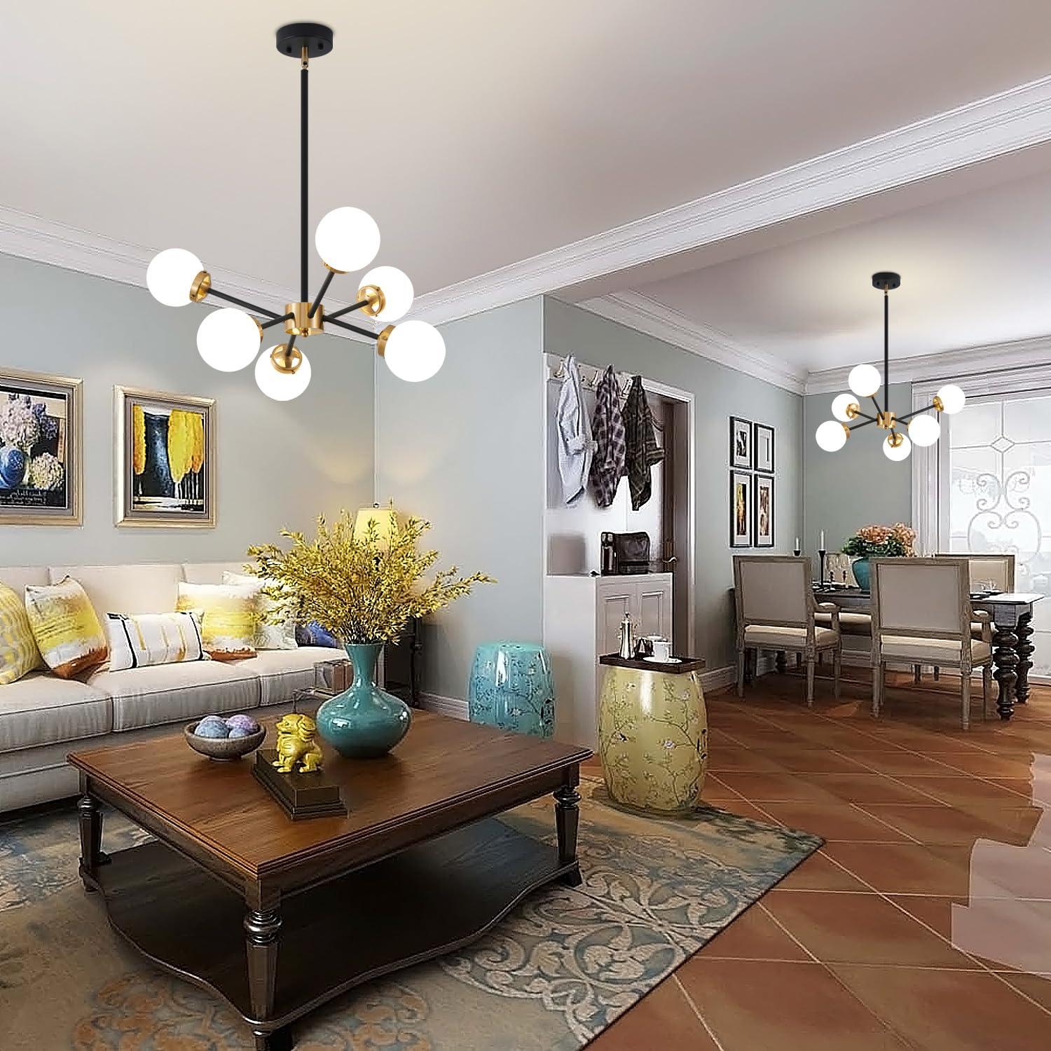 Gold Sputnik Chandelier 4-Light Globe Sputnik Ceiling Light Fixture Mid Century Sputnik Chandeliers with Milk Glass Shade