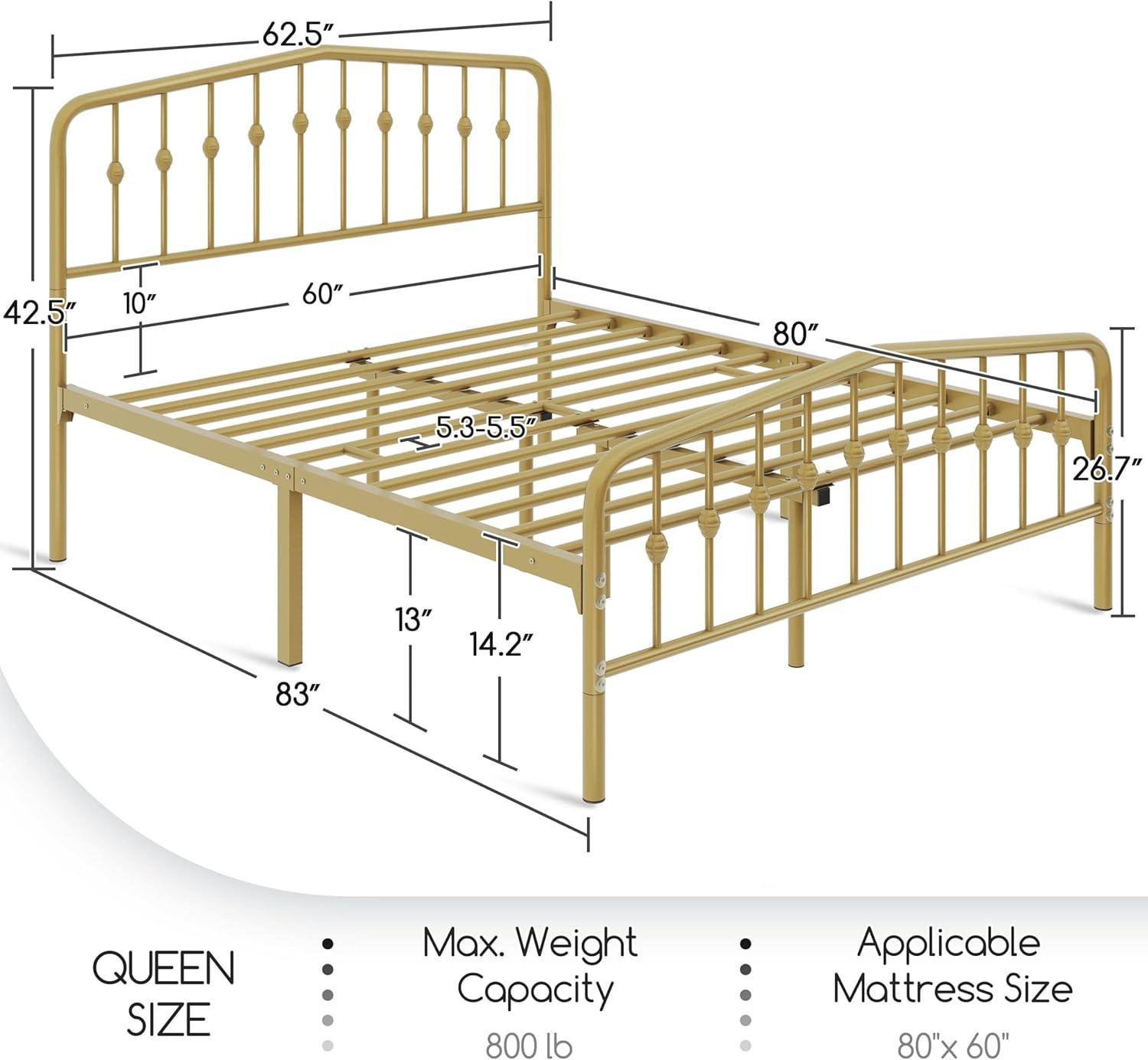 Antique Gold Queen Metal Platform Bed with Arched Headboard