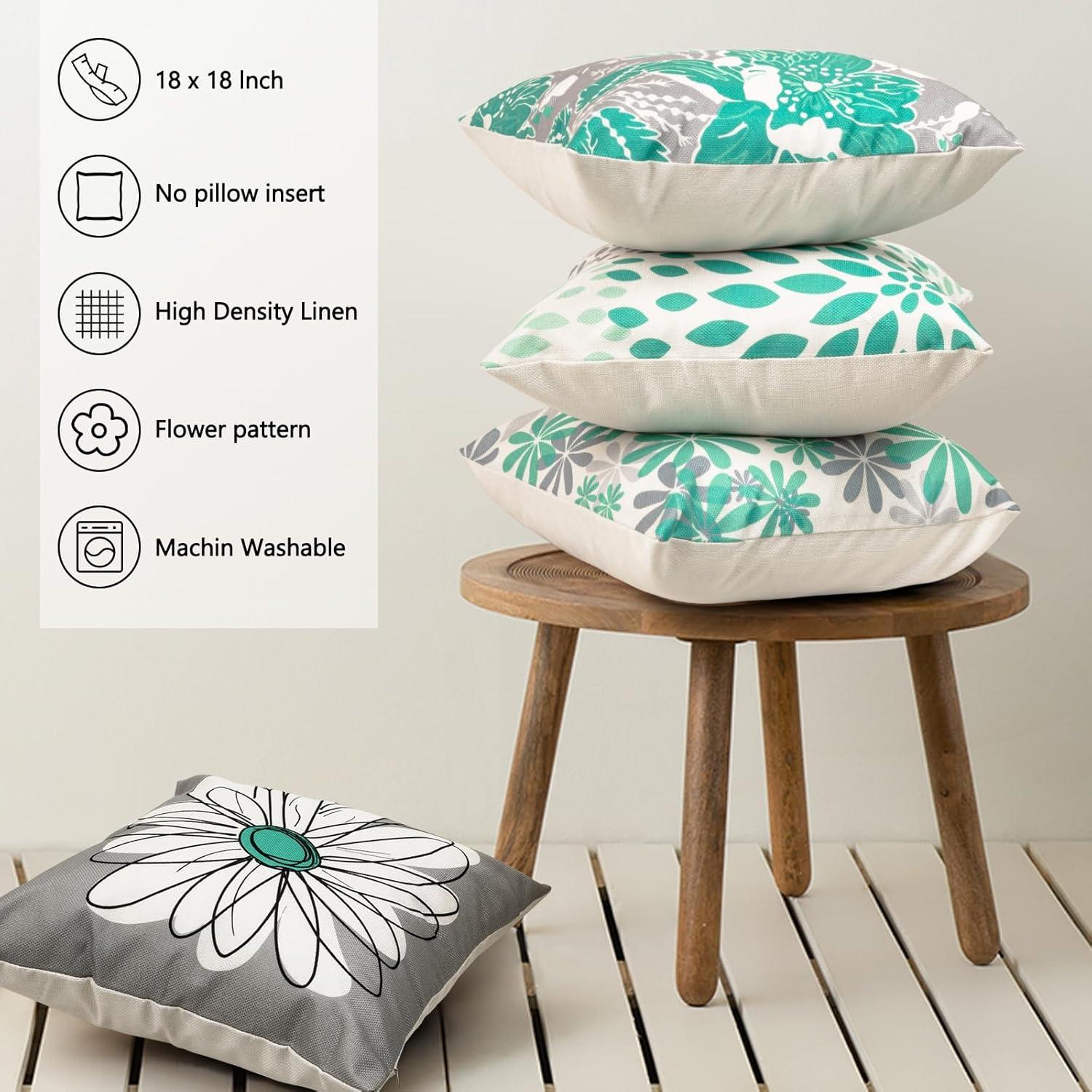 Husfou 4pcs Linen Pillow Covers 18x18 inch Turquoise and Grey Decorative Throw Pillow Case for Couch Modern Daisy Cushion Cover for Home Sofa Bedroom Decor