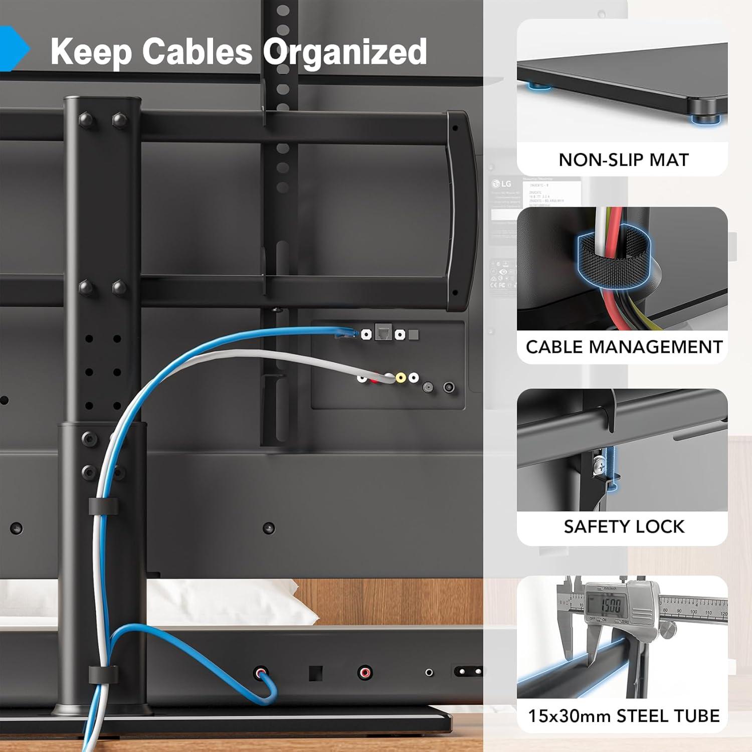 Universal Tabletop TV Stand with Wall Mount for 32 to 70 inch 4 Level Height Adjustable, Heavy Duty Tempered Glass Base, Holds up to 110lbs Screens, HT03B-002