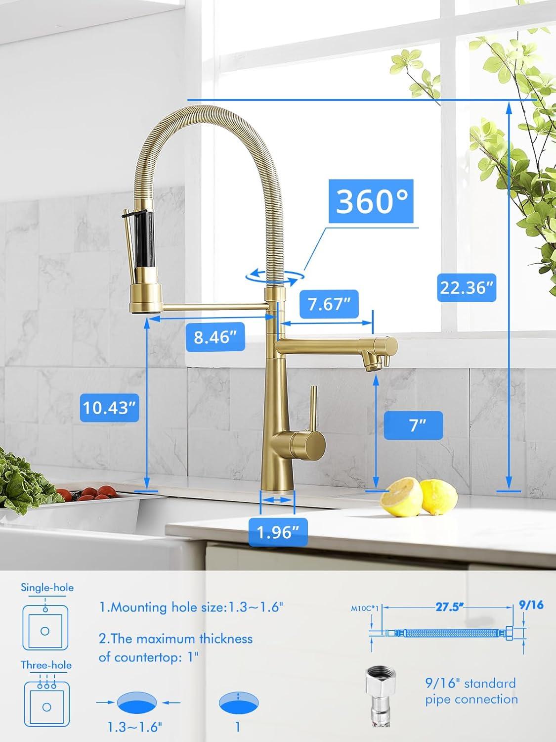 Brushed Gold Brass Kitchen Faucet with Pull-Out Spray