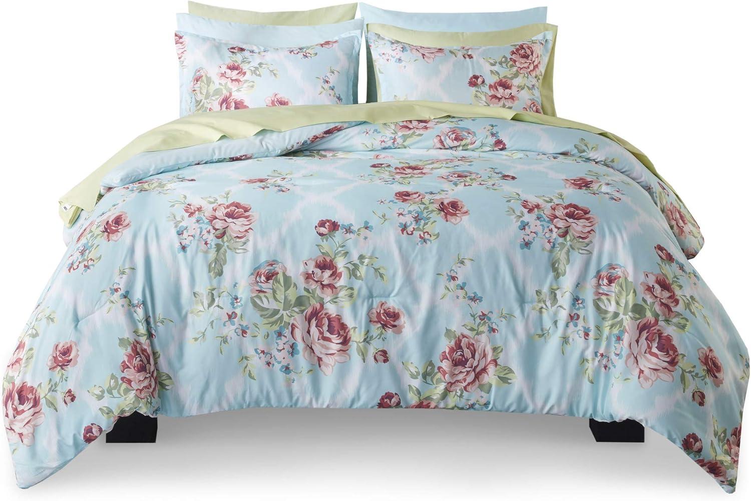 Comfort Spaces 9-Piece Floral Queen Size Bed in a Bag Comforter Bedding Sets with Sheets and Side Pockets , Blue/Red
