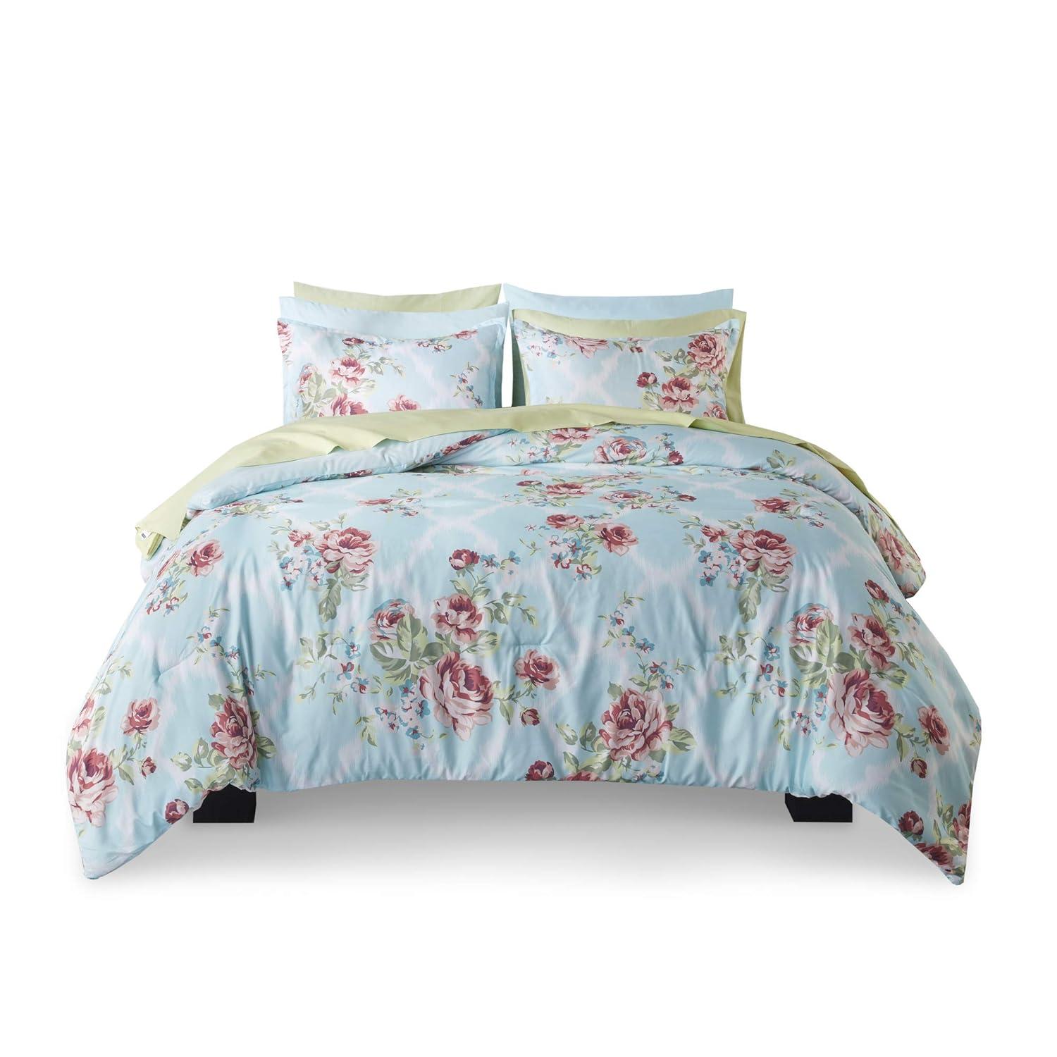 Comfort Spaces 9-Piece Floral Queen Size Bed in a Bag Comforter Bedding Sets with Sheets and Side Pockets , Blue/Red