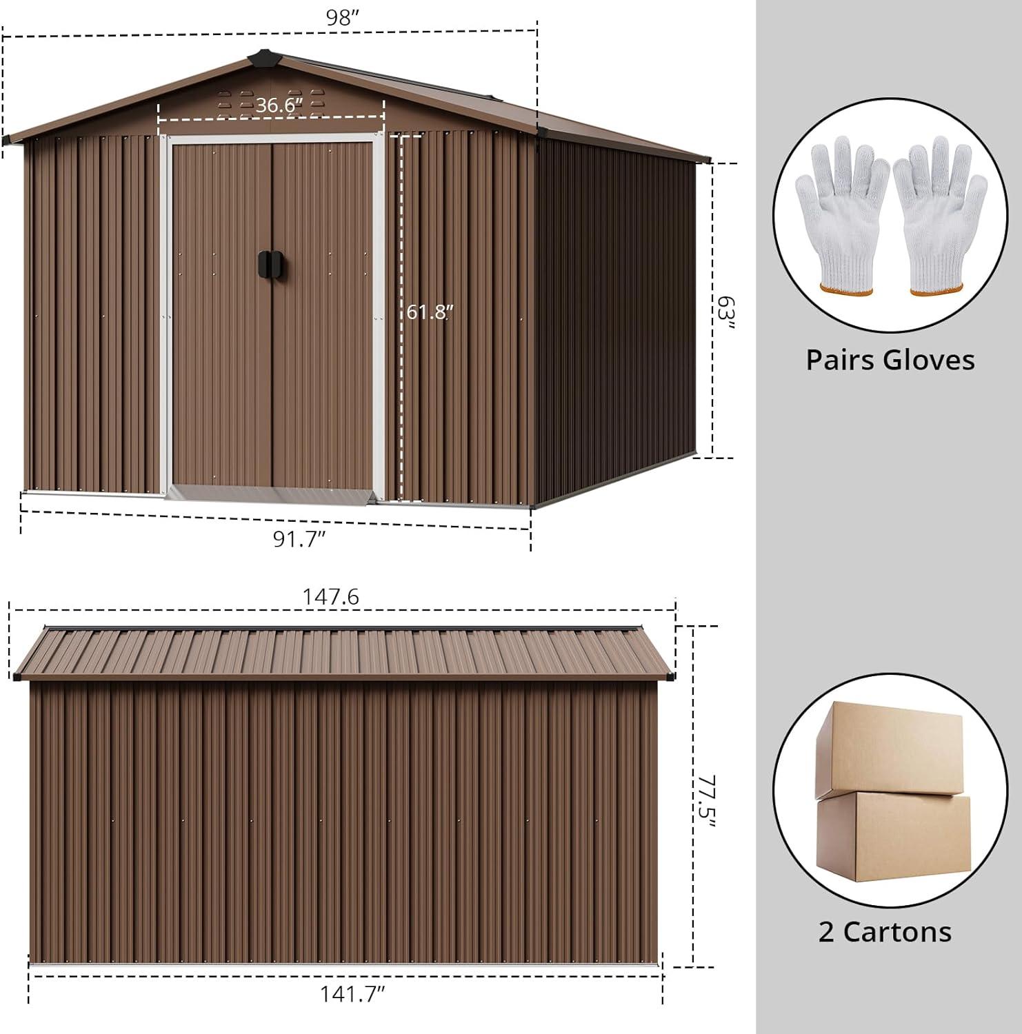12x10 FT Outdoor Metal Storage Shed Garden Tool House With Lockable Doors and Vent Brown