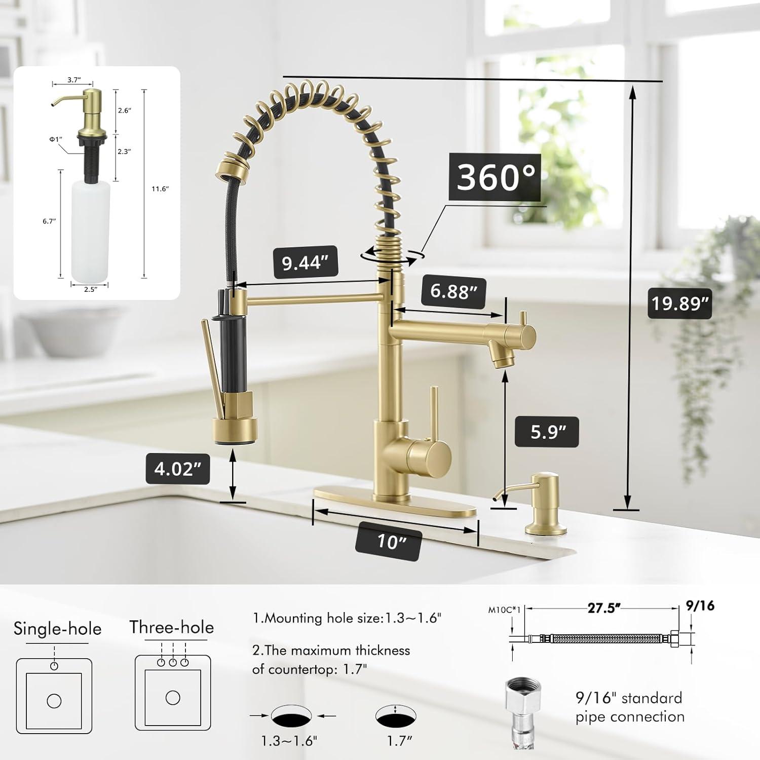 Contemporary Kitchen Sink Single Handle Brass Spring Kitchen Faucet with Pull Down Sprayer, Rotatable Pull-Out Kitchen Mixer Tap, Brushed Gold Kitchen Sink Faucets