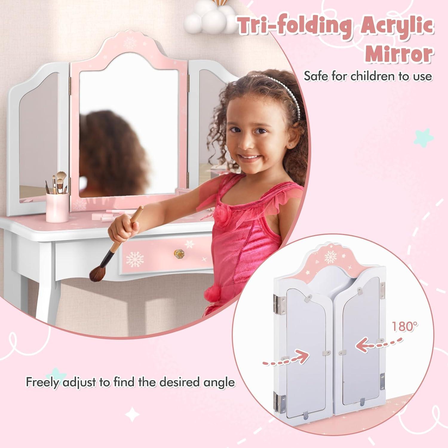 GVN Vanity Set,Toddler Vanity Set, Princess Pretend Play Makeup Table and Stool Set with Tri-folding Mirror-Pink