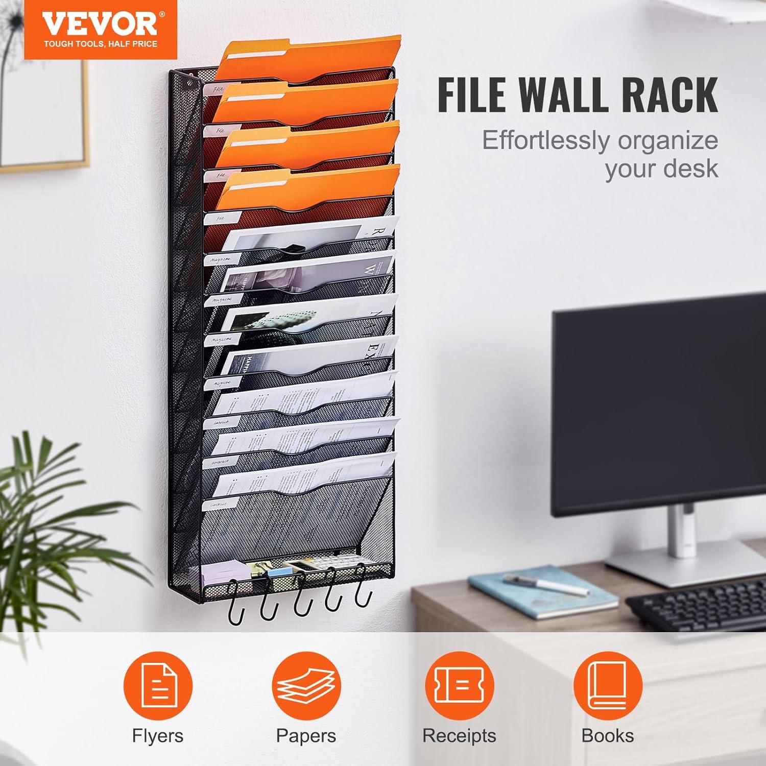 Black Metal 12-Pocket Wall Mounted File Organizer