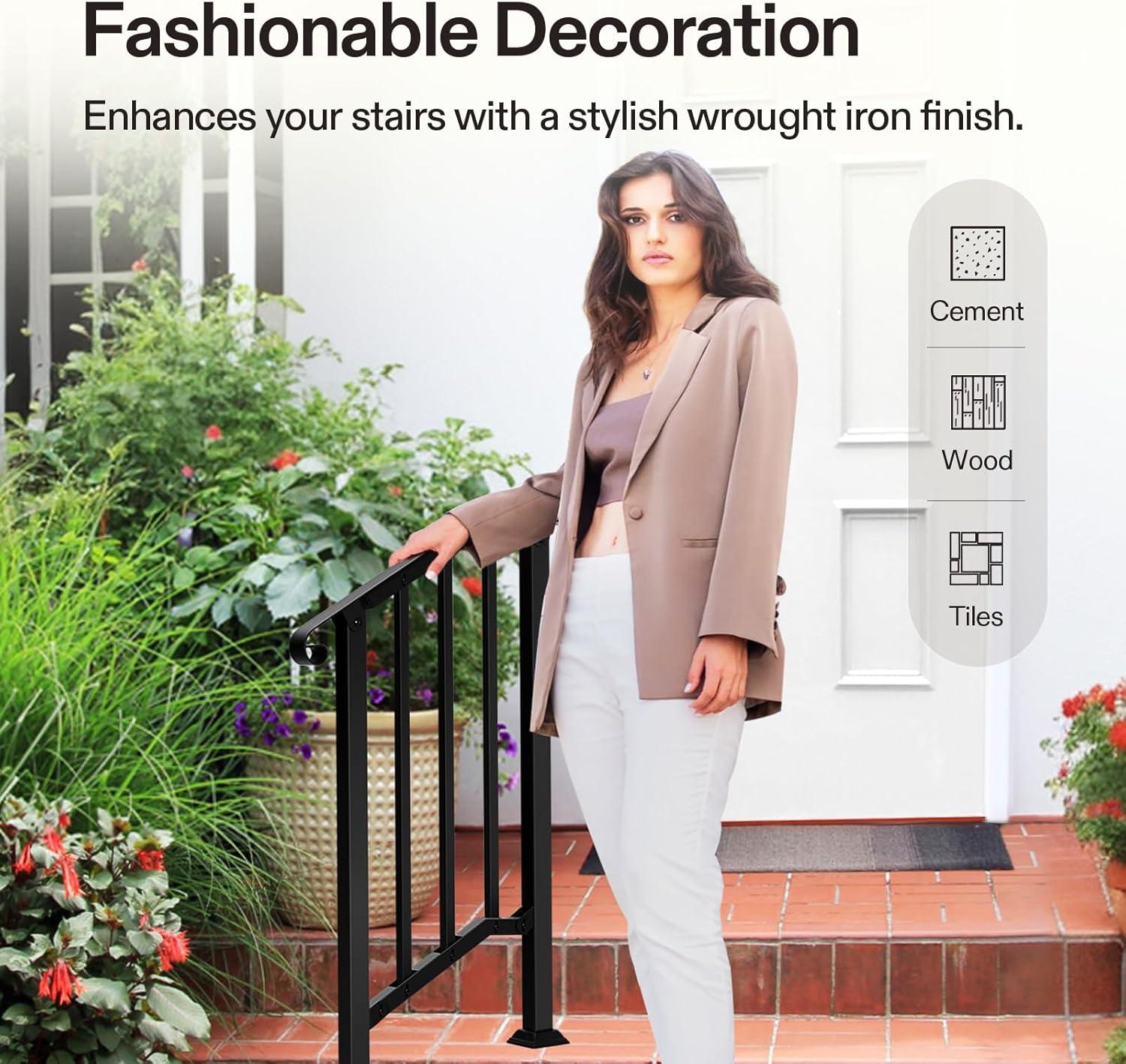 VIVOSUN Outdoor Iron Stair Handrail with Curved Ends and Balusters