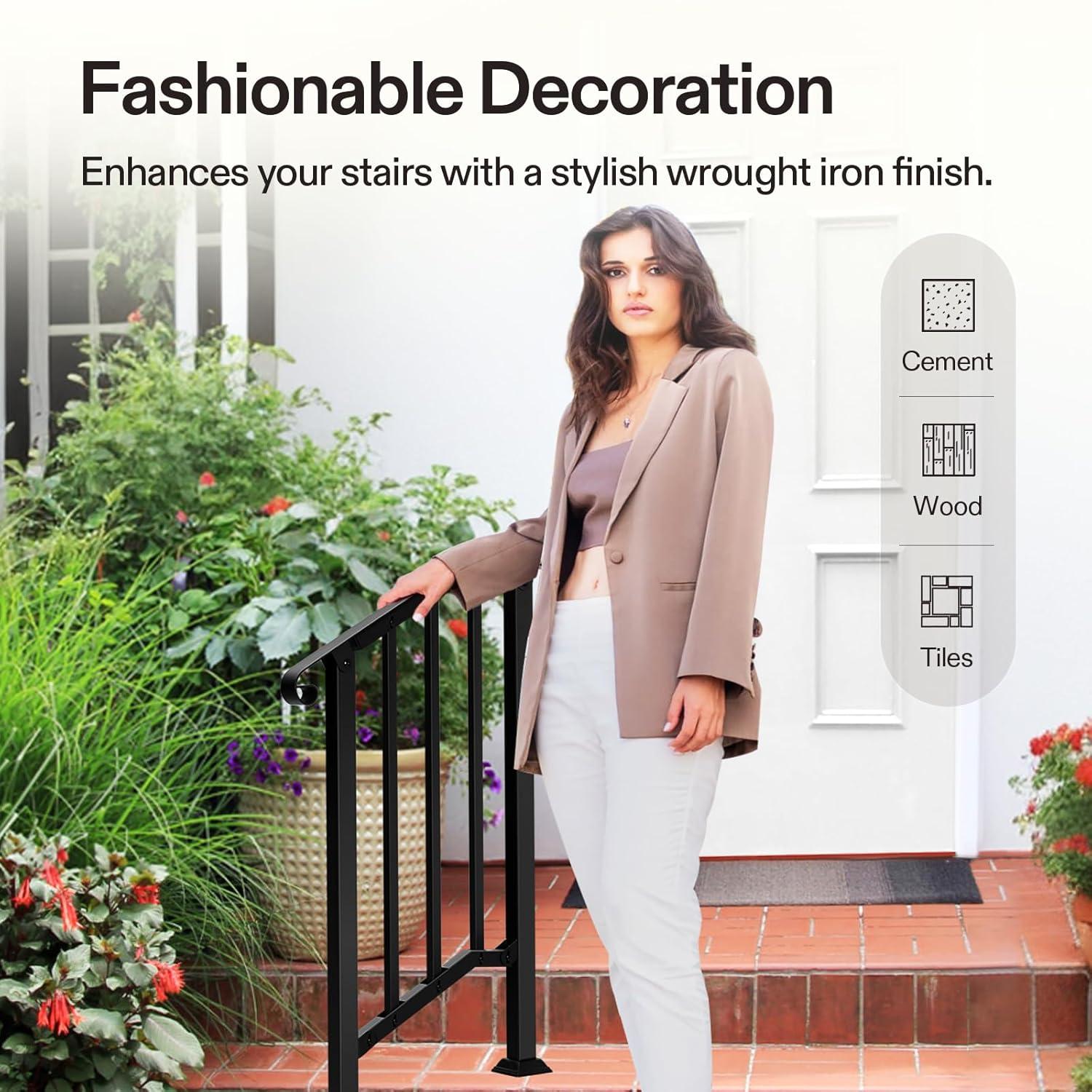 VIVOSUN Outdoor Iron Stair Handrail with Curved Ends and Balusters