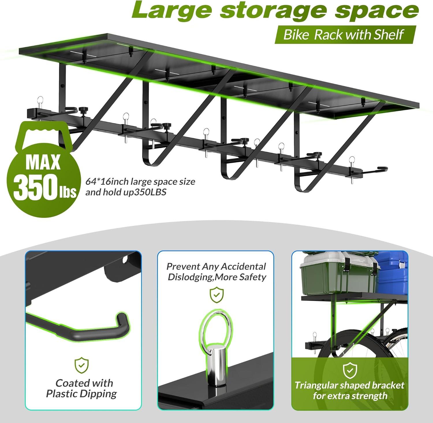 Bike Storage Rack with Shelf, Bike Wall Mount Garage Stand, Bike Hanger Storage Bicycles Hanger Hooks Bike Hooks for Garage Organizer