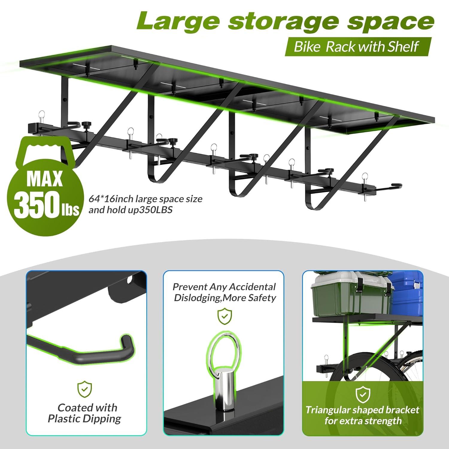 Bike Storage Rack with Shelf, Bike Wall Mount Garage Stand, Bike Hanger Storage Bicycles Hanger Hooks Bike Hooks for Garage Organizer