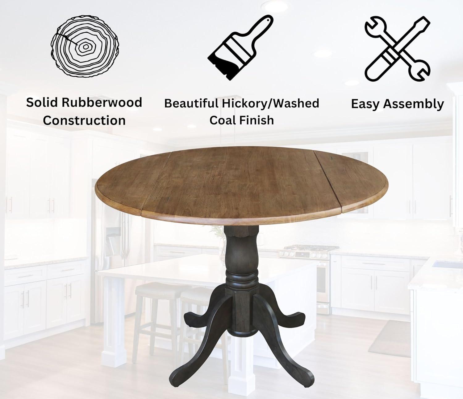 42" Mason Round Dual Drop Leaf Extendable Dining Table Hickory/Washed Coal - International Concepts: Solid Parawood, Pedestal Base