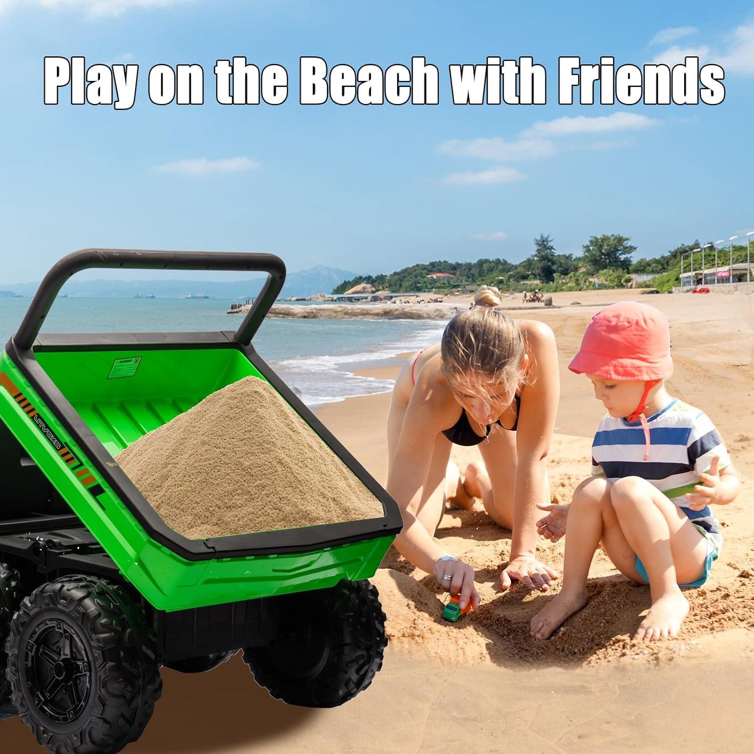 24V Ride on Toys with Remote Control, 2 Seater Electric Powered Ride on Dump Truck , 4WD 6-Wheel UTV Car w/ Tipping Bucket Trailer, Shovel, Suspension, Bluetooth Music, Big Kids, Green