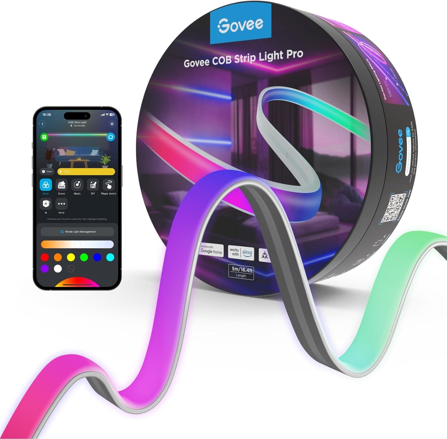 Govee COB LED Strip Light Pro, LED Lights for Bedroom Compatible with Alexa, Google Assistant and Matter, RGBICW Light with Warm White, Smart Strip Light, Color Changing, for Cabinet, 16.4ft