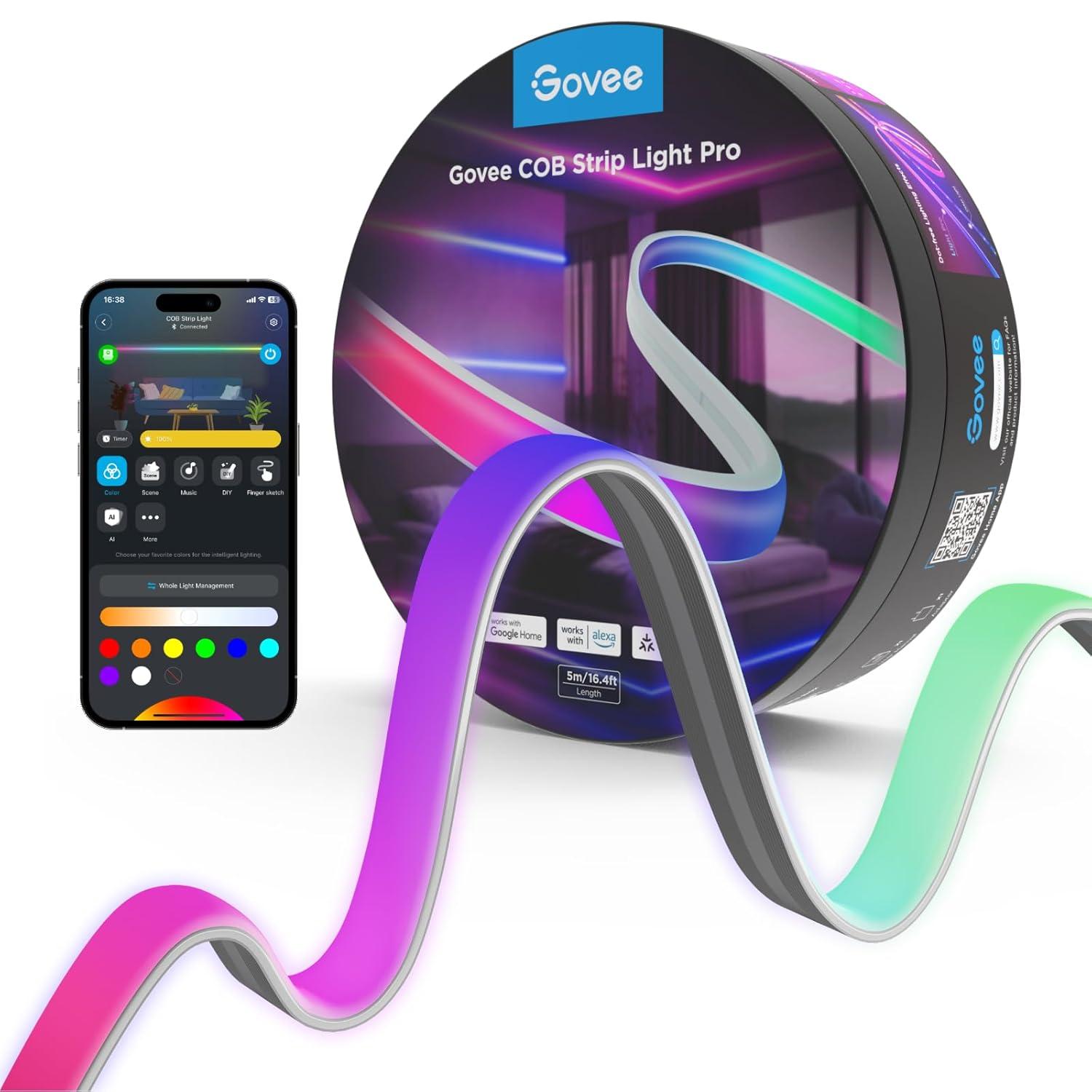 Govee COB LED Strip Light Pro, LED Lights for Bedroom Compatible with Alexa, Google Assistant and Matter, RGBICW Light with Warm White, Smart Strip Light, Color Changing, for Cabinet, 16.4ft