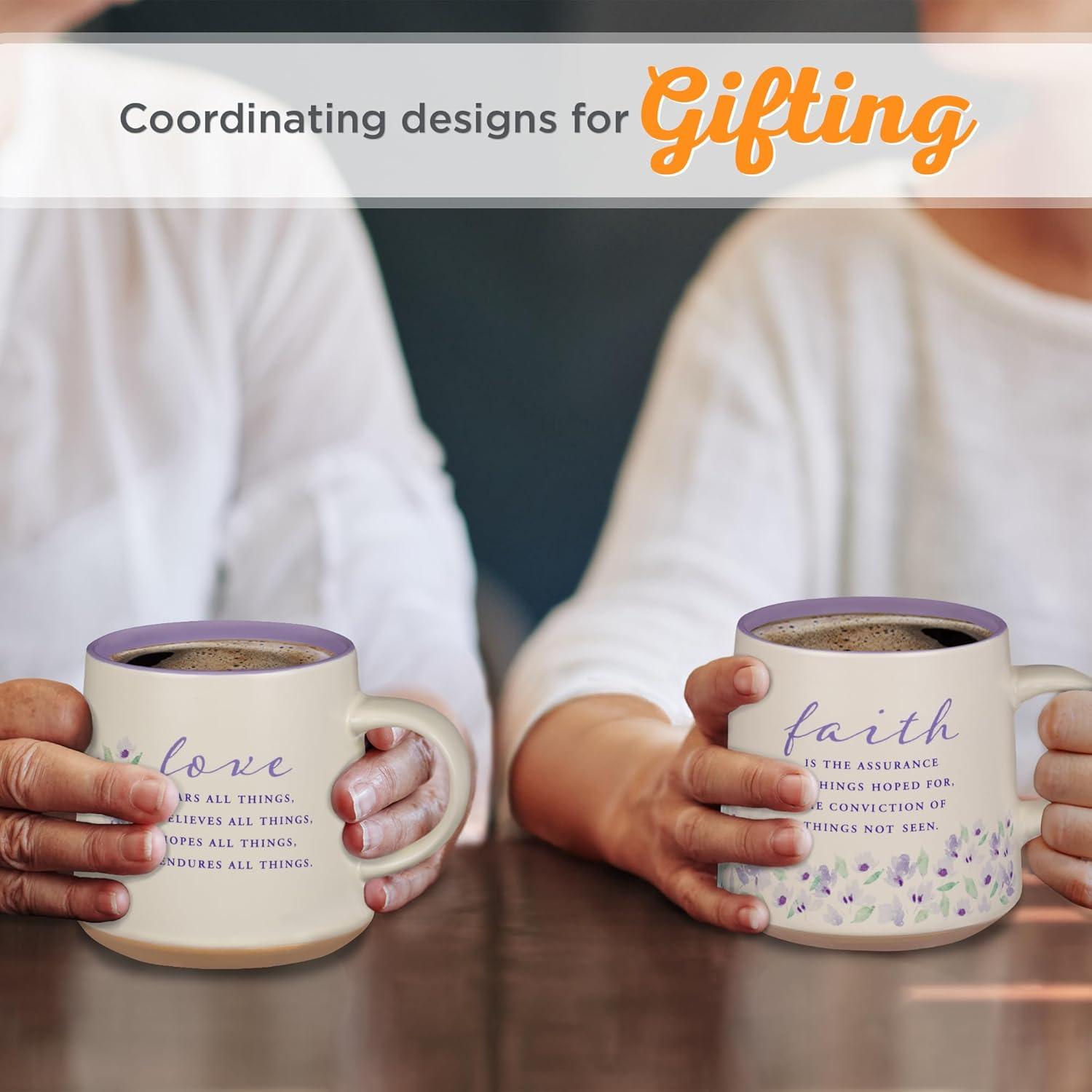 Christian Art Gifts Novelty Floral Ceramic Coffee & Tea Mug Set for Women: Faith & Love w/Encouraging Scripture, Microwave/Dishwasher Safe w/Clay Base - Set of 2 Large 14 oz. Cups, Lilac Purple/White