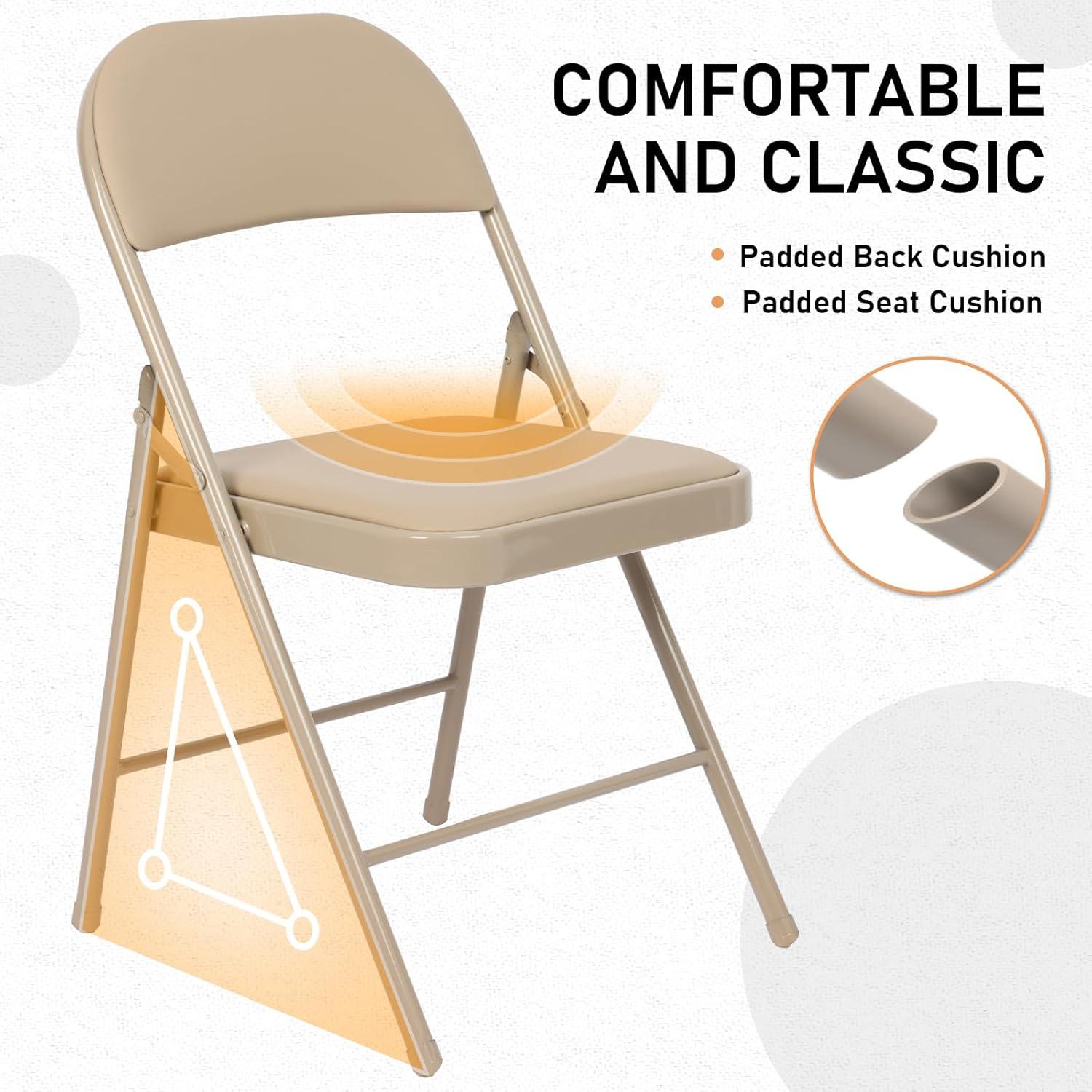 Khaki Armless Leather Metal Frame Folding Chairs, Set of 4