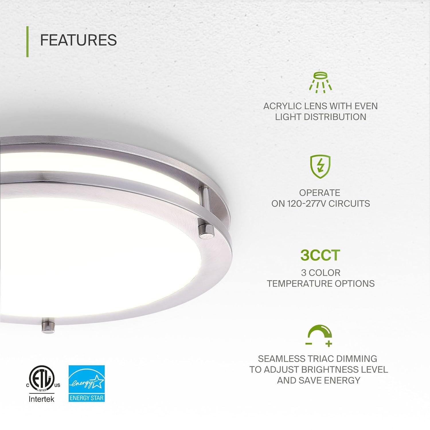 ASD LED 16 Inch Round Flush Mount Light Fixture | 24W 2150LM 3000K-5000K 100-277V | 3CCT, Dimmable, Energy Star, ETL Listed | Close to Ceiling Double Ring Lamp, Low Profile Lighting | Nickel, 2 Pack
