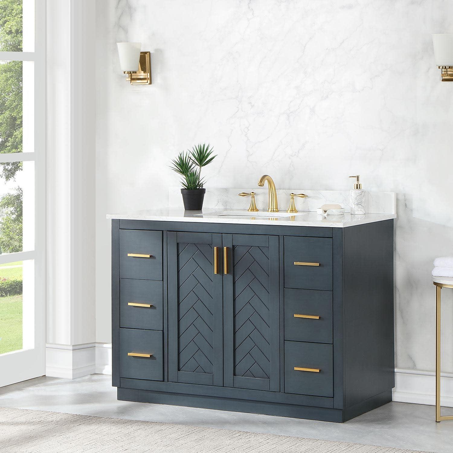 Gazsi 48" Single Bathroom Vanity Set in Charcoal Blue with Grain White Composite Stone Countertop without Mirror