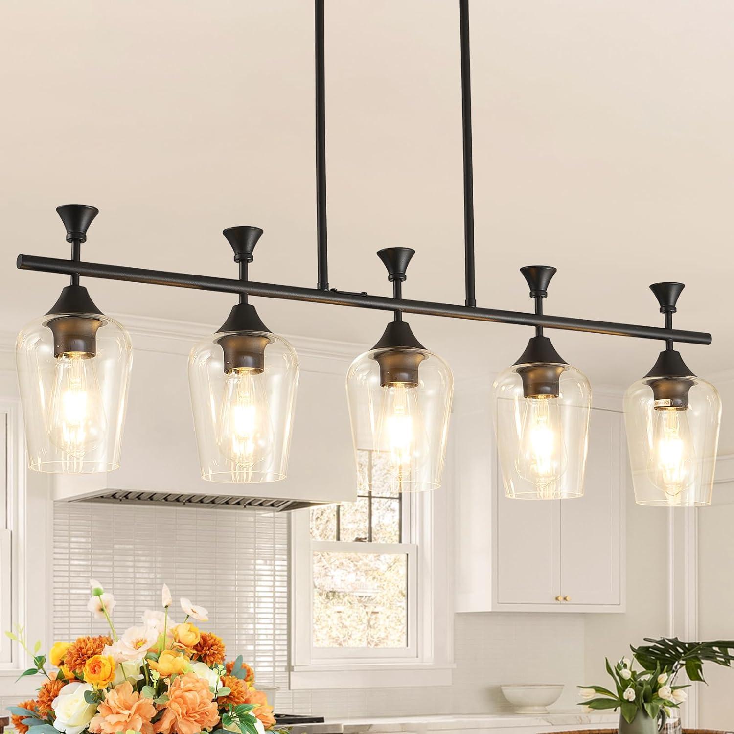 Black Farmhouse Chandelier, 5-Light Island Lights for Kitchen in Metal Finish with Clear Glass Shades, 37" Dining Room Chandelier, Linear Pendant Lighting for Foyer, Bar, Pool Table