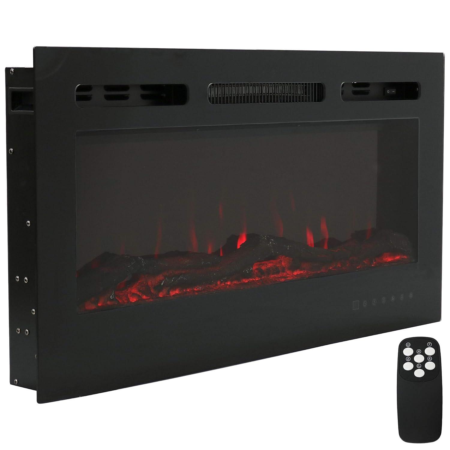 Sunnydaze 36-in Modern Flame Wall-Mounted or Recessed Indoor Electric Fireplace with LED Lights - Black Finish
