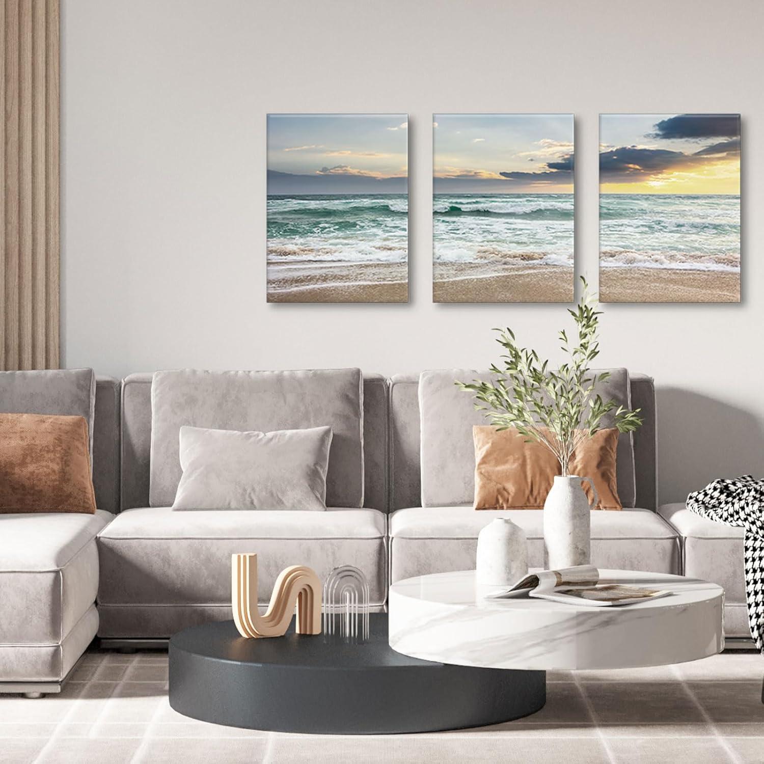 Asdg12s-3 Panel Wall Art Blue Sea Sunset White Beach Painting The Picture Print On Canvas Seascape The Pictures for Home Decor Decoration,Ready to Hang