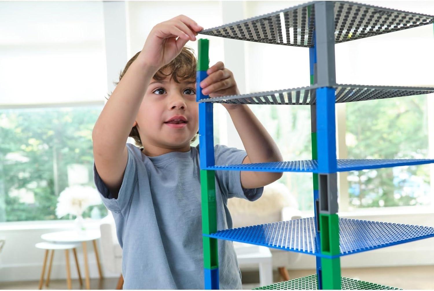 Strictly Briks Toy Building Block - Classic Baseplates 10" x 10" Brik Tower, 6 Baseplates & 50 Stackers in Blue Green & Gray, 56 Pc
