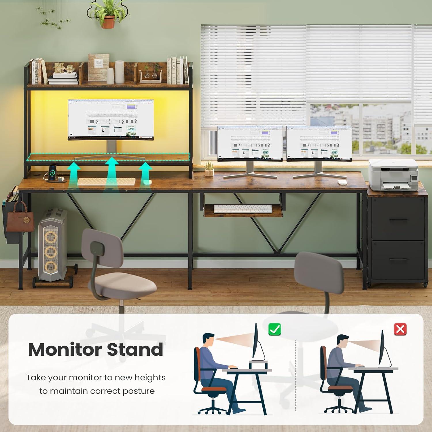 ADORNEVE Adult Collection Modern L-Shaped Power Outlet and LED Strip Desk, Rustic Brown