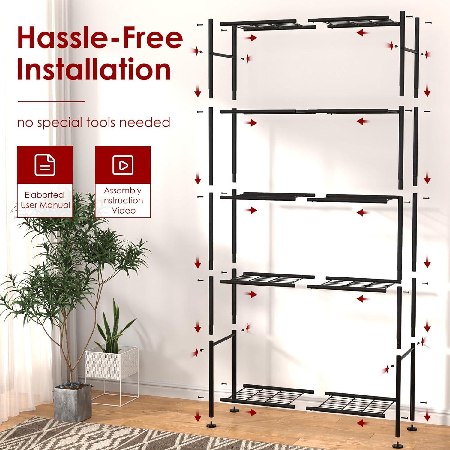 Storage Shelves - 5 Tier Shelf Organizer, Heavy Duty Garage Shelving Unit with Leveling Feet, Stable Metal Shelves Organizer for Pantry, Kitchen and Closet, 33.1" W X 12.6" D X 72.0" H, Black