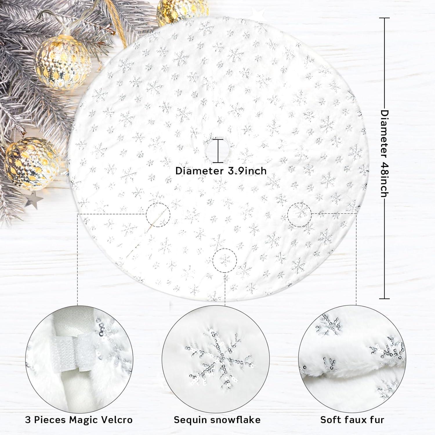 48-Inch White Plush Christmas Tree Skirt with Silver Snowflakes