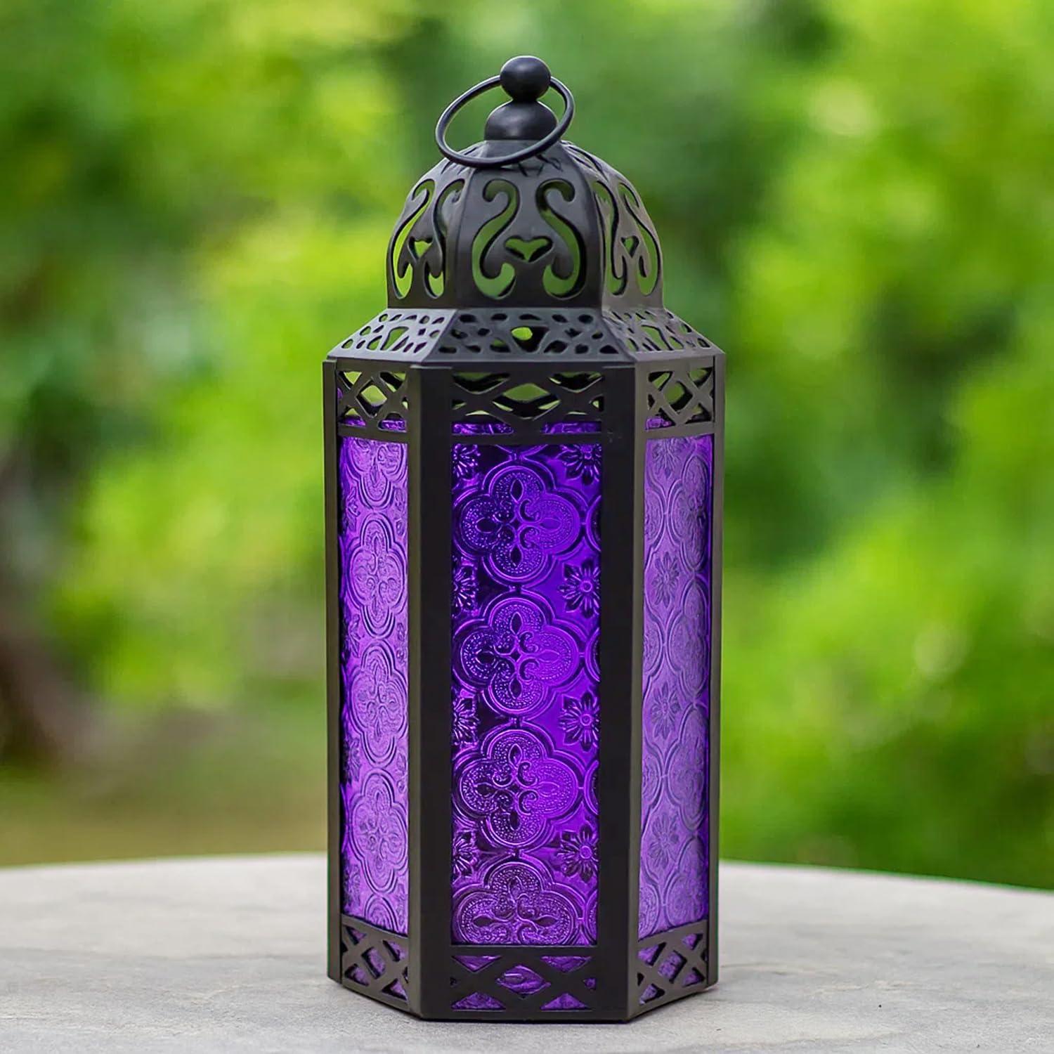 VELA LANTERNS 10.5" Moroccan Lamp Lantern Decorative Candle Holder for Indoor Outdoor Home Decor, Patio, Weddings, Ramadan Decorations, Black Metal, Purple Glass, Medium, Set of 3