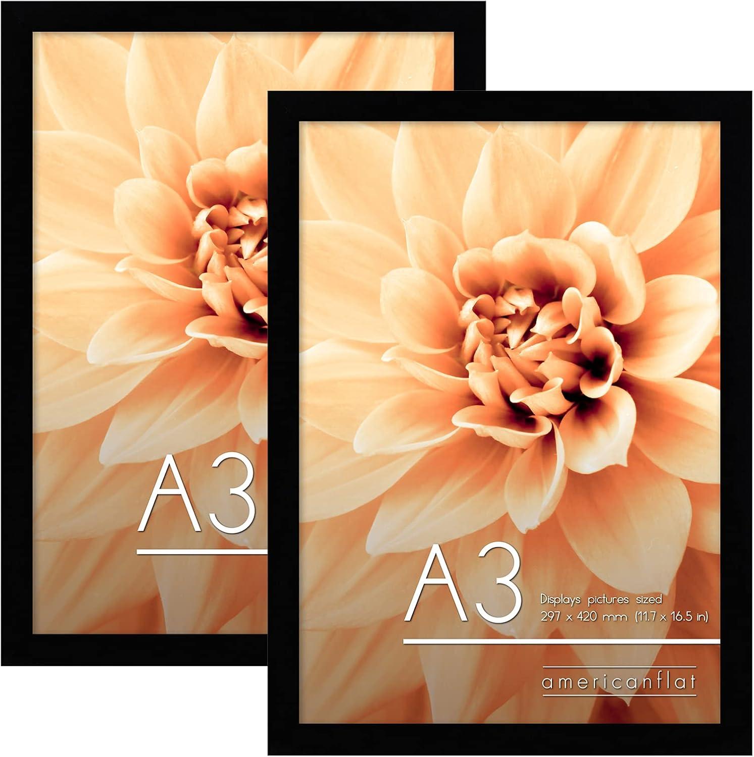 Americanflat A3 Picture Frame with Shatter-Resistant Glass - Set of 2 - 11.7x16.5 Frame with Engineered Wood - Signature Collection - Black