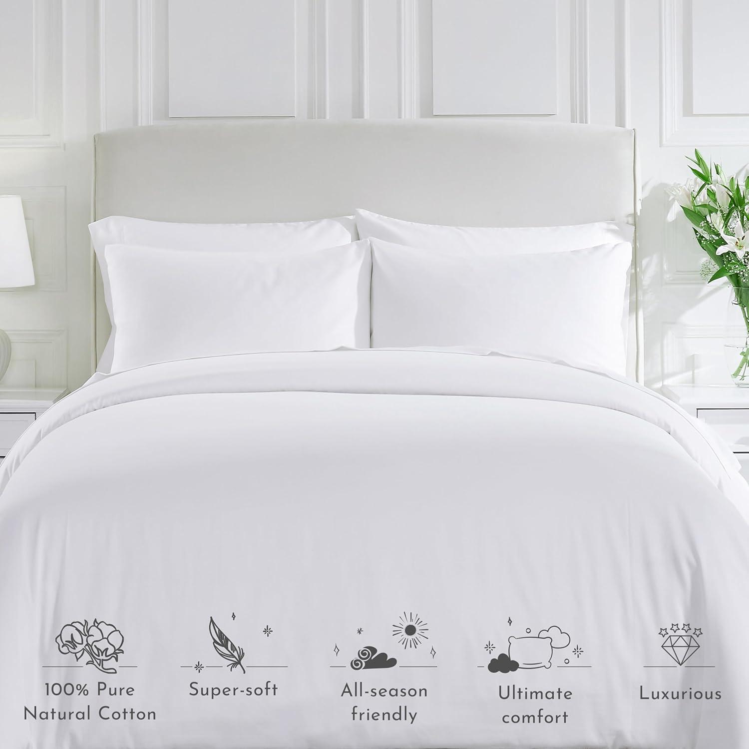 100% Cotton Duvet Cover Set - Premium 400 Thread Count, , Smooth Sateen Weave, Button Closure and Corner Ties (3 Piece, Pure White, Oversized King)