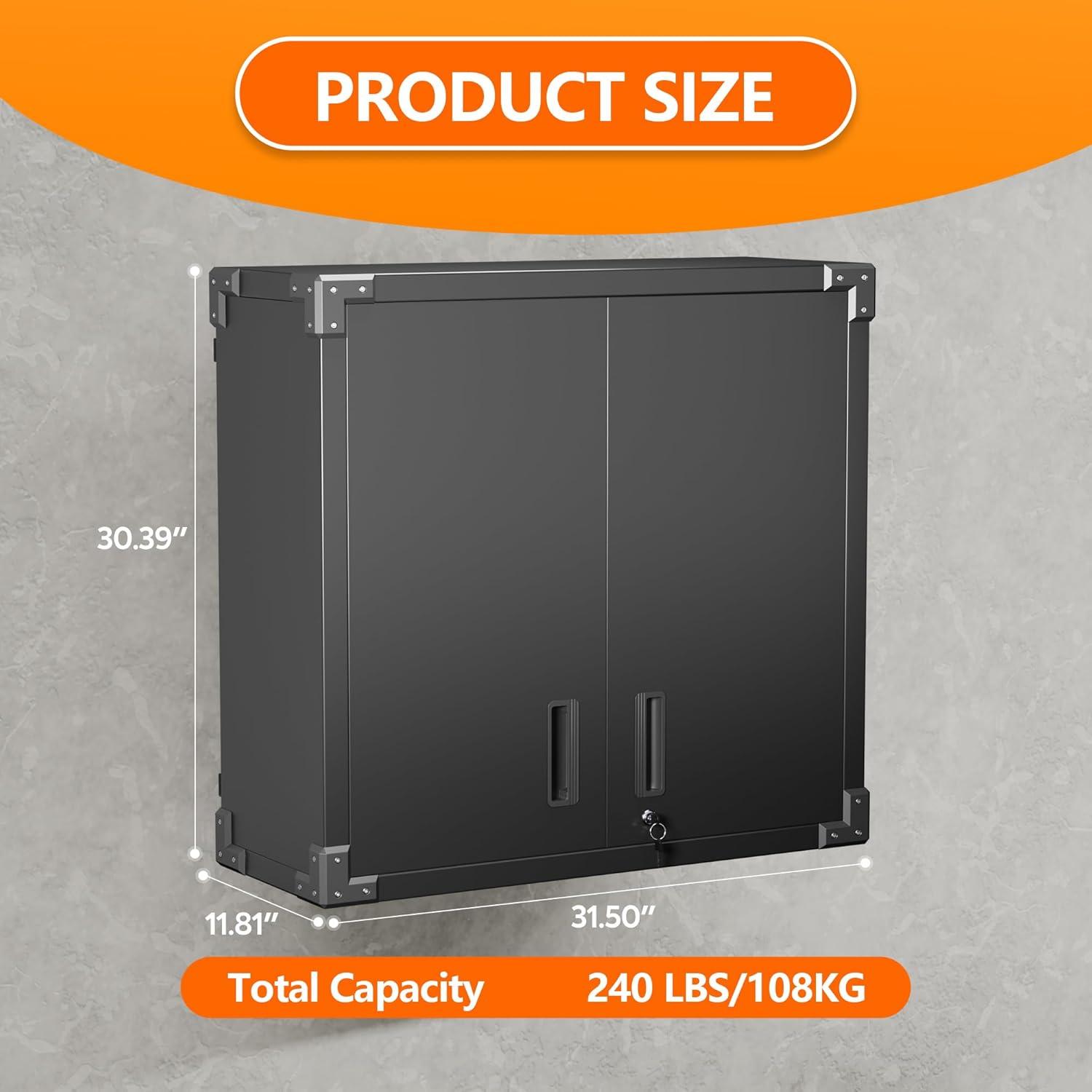 AOBABO Metal Garage Wall Mounted Storage Cabinet with Locking Door, Shelf, and Opened Drawer for Warehouse and Office Organization, Black