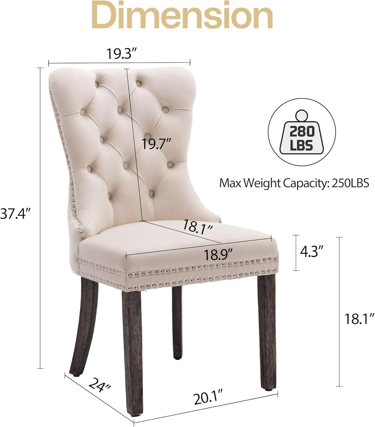 Velvet Dining Chairs Set of 4, Nikki Collection Dining Room Chairs with Wood Legs and Pull Ring, Luxury Side Chair with Nailhead Trim and Button Tufted Back, Beige