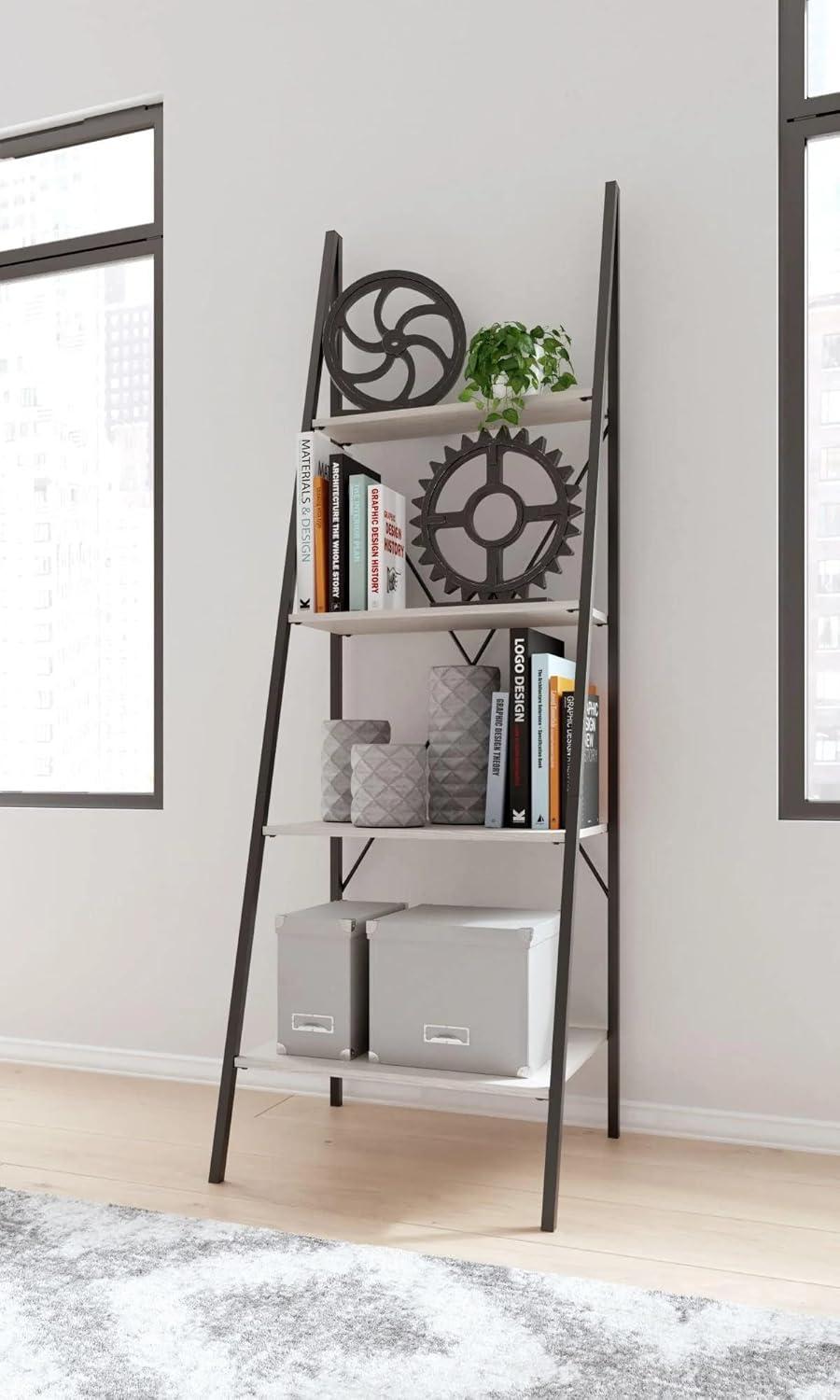 Transitional Whitewashed 4-Tier Bookcase with Gunmetal Frame