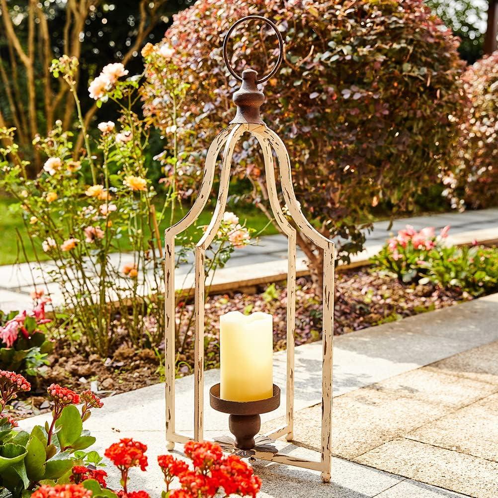 White Geometric Iron Tabletop Candle Lantern with Antique Finish