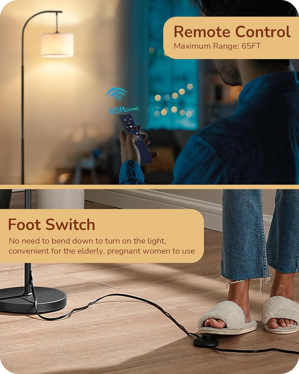 EDISHINE Modern Arc Floor Lamp with Beige Linen Drum Shade & Heavy Base, Dimmable Black Reading Light, Remote Control Bulb Included, Tall Standing Lamp for Reading, Office, Lighting