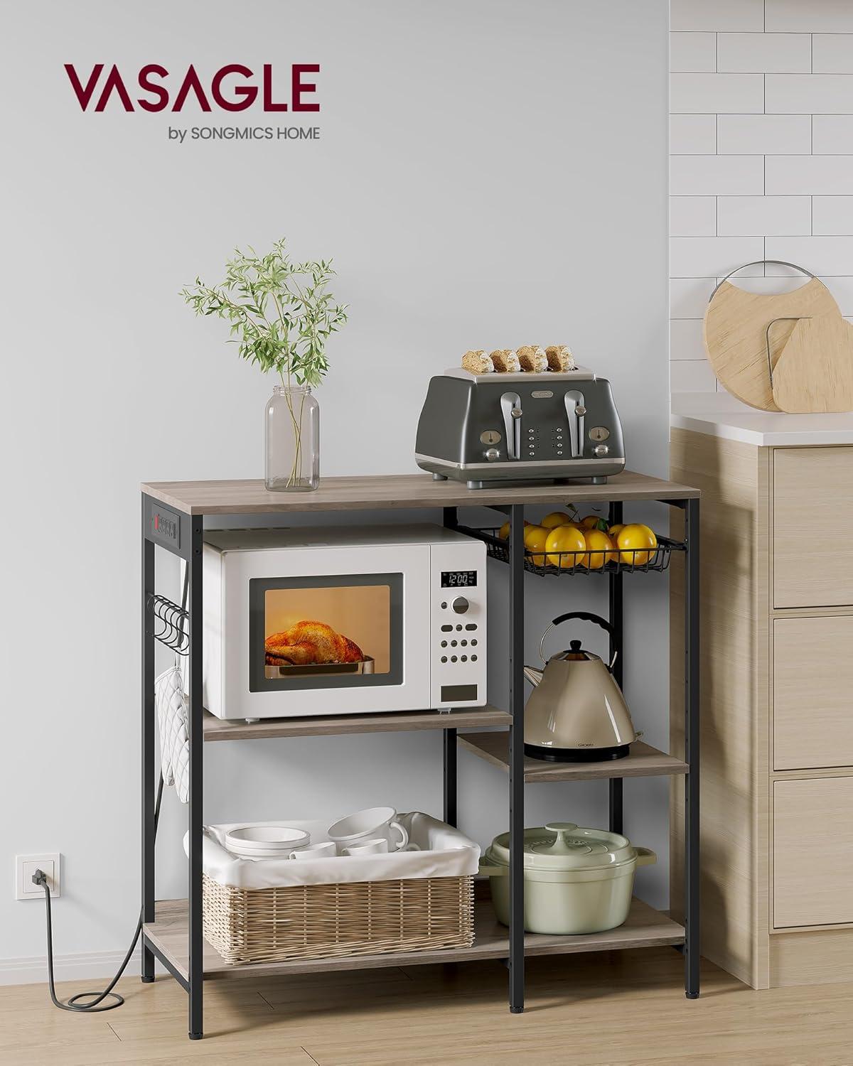 Greige and Black Adjustable Kitchen Shelf with Power Outlet