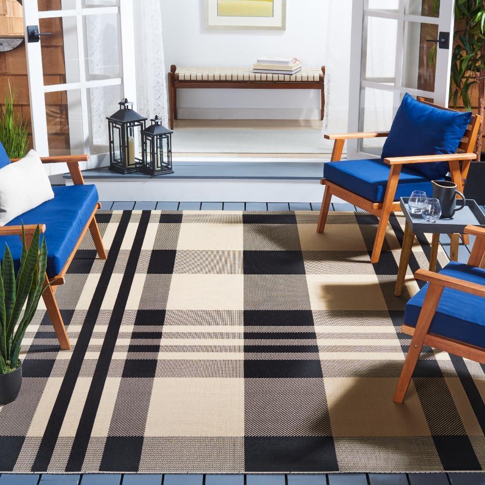 SAFAVIEH Courtyard Benjamin Plaid Indoor/Outdoor Area Rug, Black/Bone, 10' x 14'