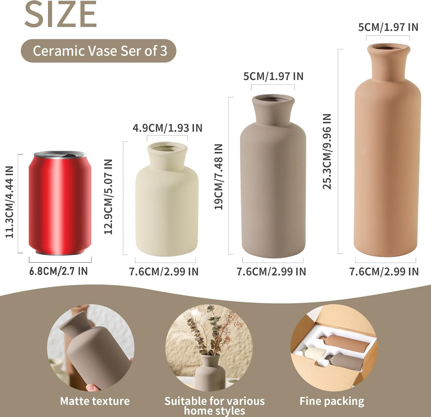 Lark Manor™ Set Of 3 Ceramic Vases, Modern Neutral Home Decor For Farmhouse, Rustic, Or Boho Style - Perfect For Fresh Or Dried Flowers, Table, Mantel, Shelf, Entryway, Living Room, Kitchen, Bathroom - Brown