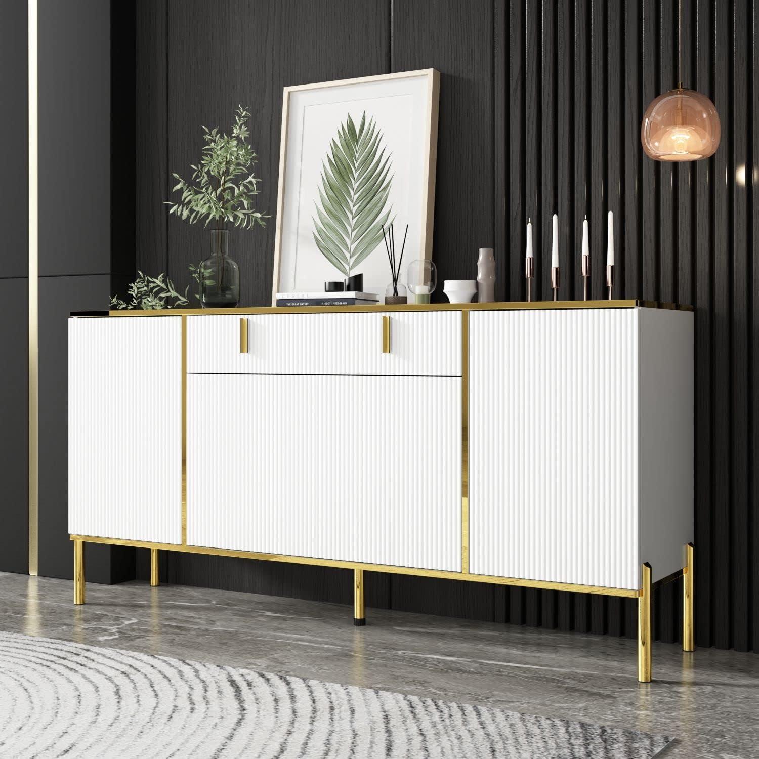 White and Gold 63" Sideboard Buffet Cabinet with Pop-Up Door