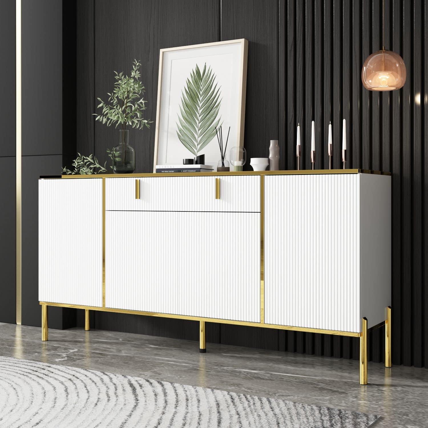 OXYLIFE Kitchen Credenza Storage Cabinet, Buffet Sideboard with Drawer and Adjustable Shelf, White