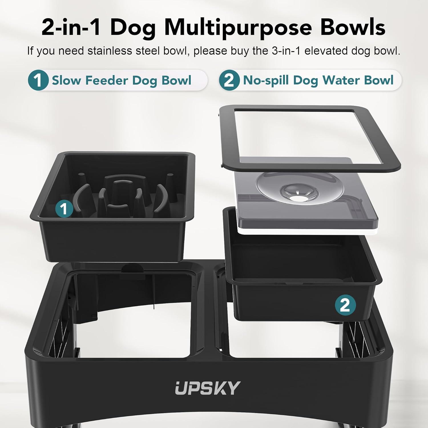 UPSKY 2-in-1 Elevated Dog Bowls Slow Feeder, 4 Height Adjustable Raised Dog Bowl Stand No Spill Dog Water Bowl Dispenser, Anti-Slip Dog Food and Water Bowl for Small Medium Dogs.
