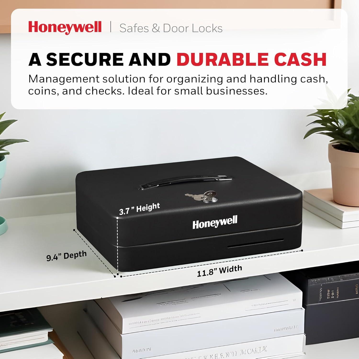 Honeywell Deluxe Steel Cash Box: Black Key Lock Safe with Removable Tray, 0.23 Volume, No Assembly Required