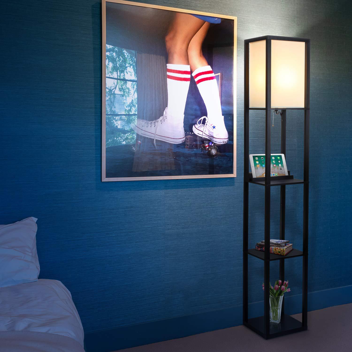 Brightech Maxwell 63 in. USB and Wireless Charging LED Floor Lamp with White Fabric Square Shade