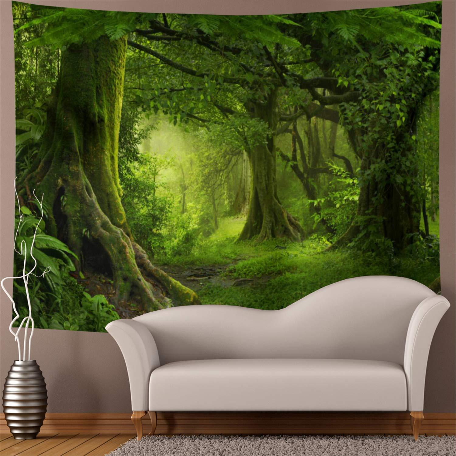 Misty Forest Tapestry Green Tree in Jungle Forest Tapestries Wall Hanging Nature Scenery Woodland Backdrop for Living Room Bedroom