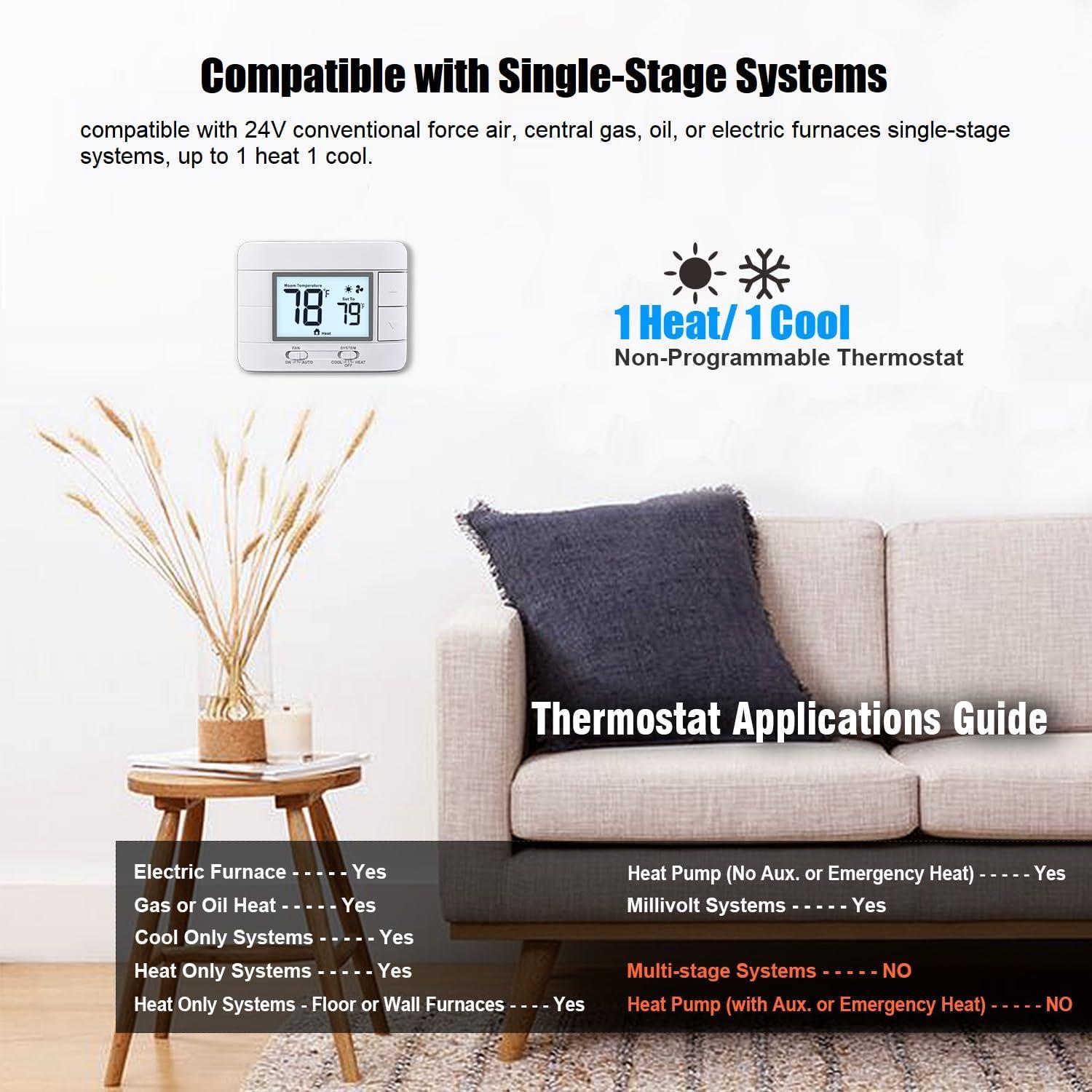 Non Programmable Thermostat for Home 1 Heat/ 1 Cool Single-Stage System, with Room Temperature Monitor (LCD White Backlit Screen)